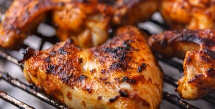 Grilled chicken wings with charred, golden-brown skin and seasoning on a grill grate