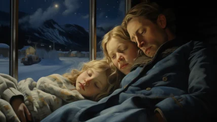 Family journey aboard a train during winter