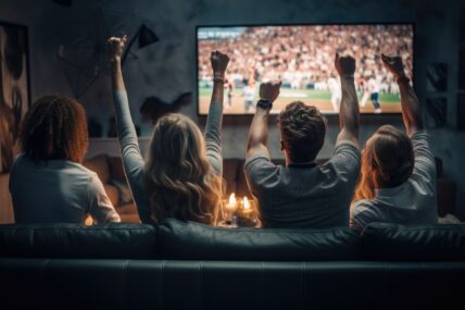 Group of friends watching a baseball game on TV with fists raised in celebration