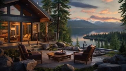 Luxury lakeside cabin with fire pit seating area and mountain views at sunset