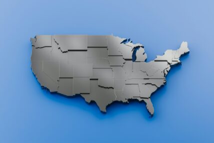 3D map of the United States with Michigan and Maine highlighted in dark blue