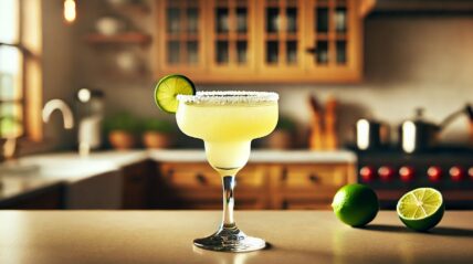 A classic margarita with salt rim and lime garnish on a bar counter
