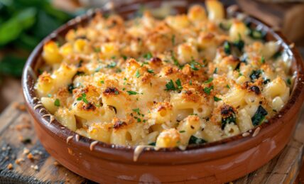 Baked mac and cheese in a terracotta bowl topped with breadcrumbs and fresh herbs