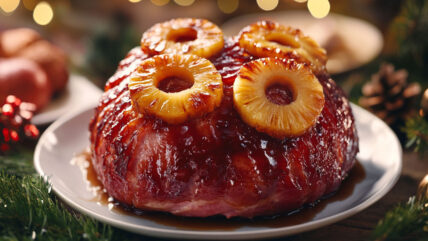 Glazed ham dome topped with pineapple rings and maraschino cherries on a white plate