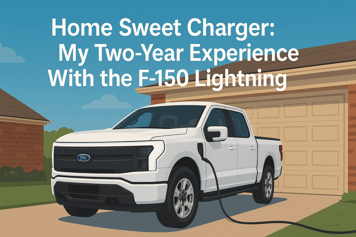 White Ford F-150 Lightning plugged in at a home garage