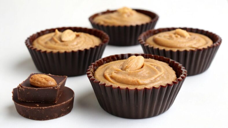 Four homemade chocolate almond butter cups with piped filling and one broken piece showing the