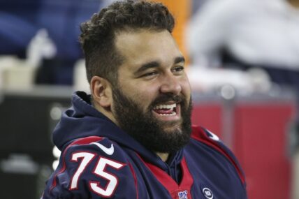 Aug 29, 2019; Houston, TX, USA; Houston Texans offensive tackle Matt Kalil (75) watches from the bench during the second quarter against the Los Angeles Rams at NRG Stadium.
