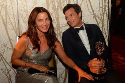 3Sep 22, 2019; Los Angeles, CA, USA; Amanda Anka and Jason Bateman behind the scenes in the press center during the 71st Emmy Awards at the Microsoft Theater.