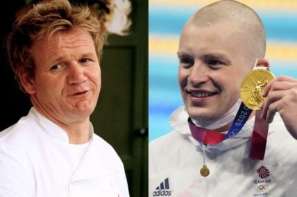 Left: Gordon Ramsay. / Right: Jul 26, 2021; Tokyo, Japan; Adam Peaty (GBR) with his gold medal during the medals ceremony for the men's 100m breaststroke during the Tokyo 2020 Olympic Summer Games at Tokyo Aquatics Centre.