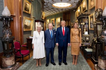 President Donald Trump and First Lady Melania Trump stand next to Britain's King Charles and Queen Camilla as they bid their farewells at Windsor Castle, in Windsor, Britain, Wednesday, September 18, 2025. (Official White House Photo by Andrea Hanks)