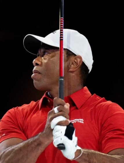 Tiger Woods of Jupiter Links GC warms up before match against Los Angeles Golf Club at TGL finals at SoFi Center on March 24,